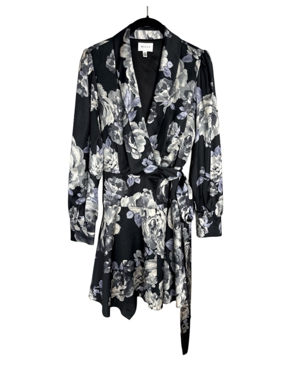 MILLY Samara Satin Floral Wrap Mini Dress Black Gray Size 6 - Picture 2 of 15